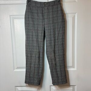 AE American Eagle Plaid Pants Black Gray Pull On Elastic Waist Faux Button